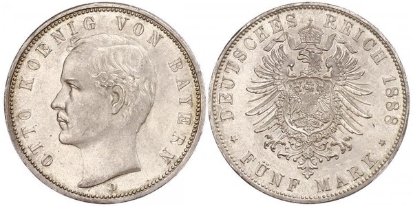 5 Mark 巴伐利亞王國 (1806 - 1918) 銀 奥托 (巴伐利亚国王)