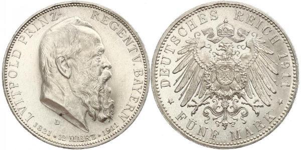 5 Mark 巴伐利亞王國 (1806 - 1918) 銀 奥托 (巴伐利亚国王)