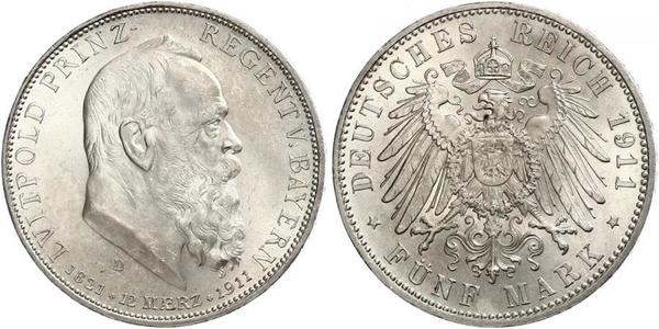 5 Mark 巴伐利亞王國 (1806 - 1918) 銀 奥托 (巴伐利亚国王)