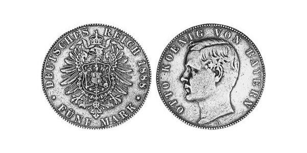 5 Mark 巴伐利亞王國 (1806 - 1918) 銀 奥托 (巴伐利亚国王)