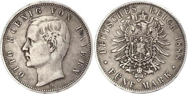 5 Mark 巴伐利亞王國 (1806 - 1918) 銀 奥托 (巴伐利亚国王)