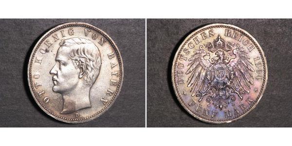 5 Mark 巴伐利亞王國 (1806 - 1918) 銀 奥托 (巴伐利亚国王)