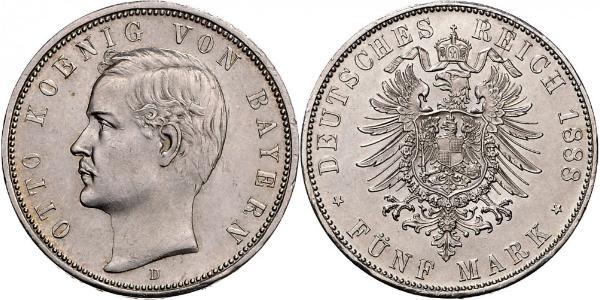 5 Mark 巴伐利亞王國 (1806 - 1918) 銀 奥托 (巴伐利亚国王)