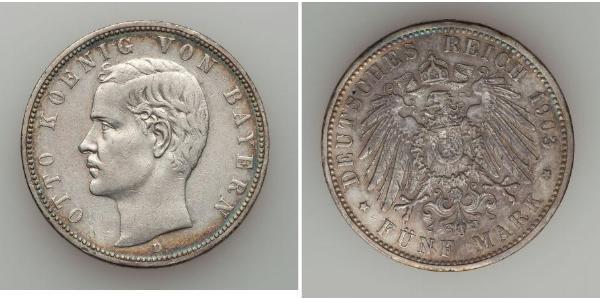 5 Mark 巴伐利亞王國 (1806 - 1918) 銀 奥托 (巴伐利亚国王)