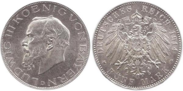 5 Mark 巴伐利亞王國 (1806 - 1918) 銀 路德维希三世 (巴伐利亚) (1845 – 1921)