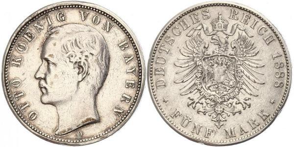 5 Mark 巴伐利亞王國 (1806 - 1918) 銀 奥托 (巴伐利亚国王)
