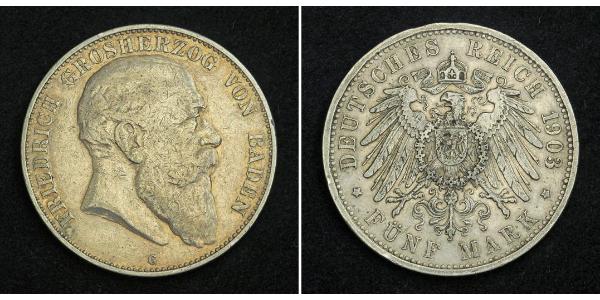 5 Mark 巴登大公國 (1806 - 1918) 銀 弗里德里希一世 (巴登)