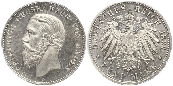5 Mark 巴登大公國 (1806 - 1918) 銀 弗里德里希一世 (巴登)