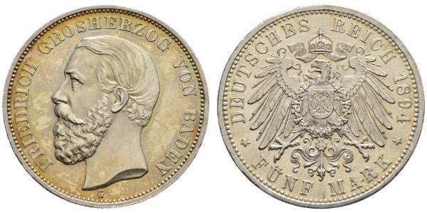 5 Mark 巴登大公國 (1806 - 1918) 銀 弗里德里希一世 (巴登)