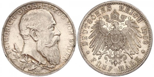 5 Mark 德意志帝國 (1871 - 1918) / 巴登大公國 (1806 - 1918) 銀 弗里德里希一世 (巴登)