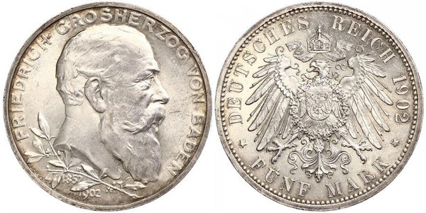 5 Mark 德意志帝國 (1871 - 1918) / 巴登大公國 (1806 - 1918) 銀 弗里德里希一世 (巴登)