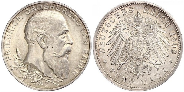 5 Mark 德意志帝國 (1871 - 1918) / 巴登大公國 (1806 - 1918) 銀 弗里德里希一世 (巴登)