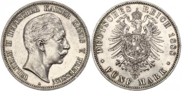 5 Mark 普魯士王國 (1701 - 1918) 銀 威廉二世 (德国)