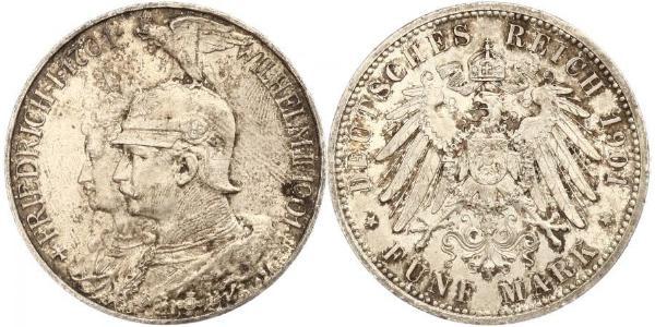 5 Mark 普魯士王國 (1701 - 1918) 銀 威廉二世 (德国)