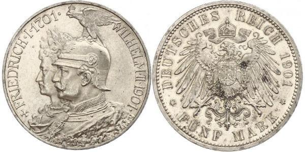 5 Mark 普魯士王國 (1701 - 1918) 銀 威廉二世 (德国)