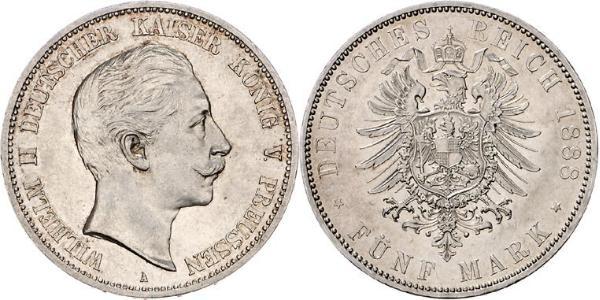 5 Mark 普魯士王國 (1701 - 1918) 銀 威廉二世 (德国)