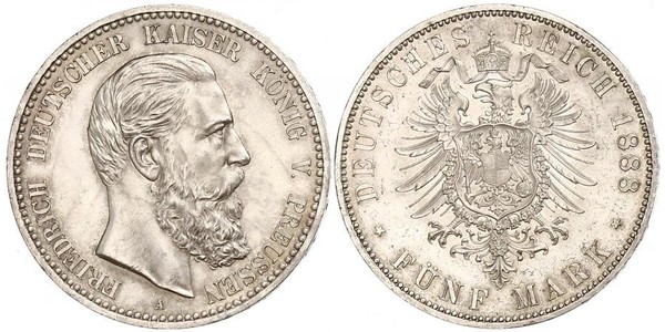 5 Mark 普魯士王國 (1701 - 1918) 銀 腓特烈三世 (德国)