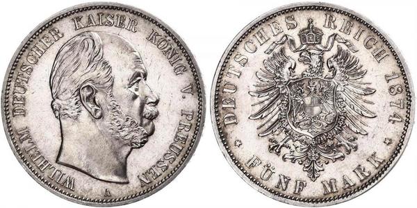 5 Mark 普魯士王國 (1701 - 1918) 銀 威廉一世 (德国)