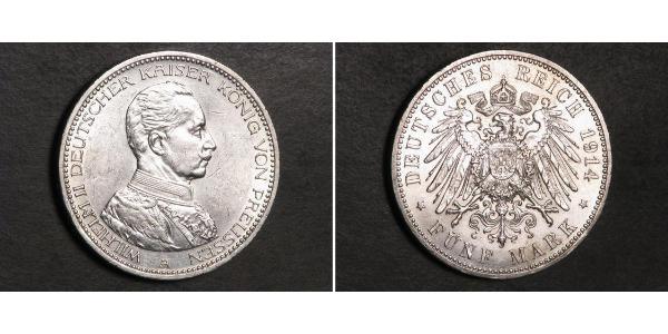 5 Mark 普魯士王國 (1701 - 1918) 銀 威廉二世 (德国)