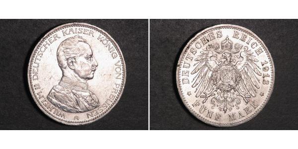 5 Mark 普魯士王國 (1701 - 1918) 銀 威廉二世 (德国)