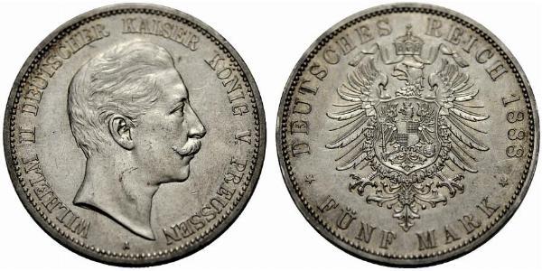 5 Mark 普魯士王國 (1701 - 1918) 銀 威廉二世 (德国)