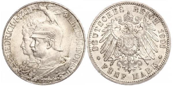 5 Mark 普魯士王國 (1701 - 1918) 銀 威廉二世 (德国)