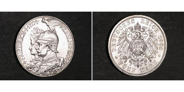 5 Mark 普魯士王國 (1701 - 1918) 銀 威廉二世 (德国)
