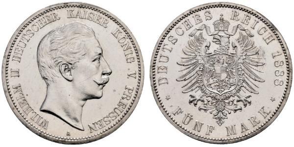 5 Mark 普魯士王國 (1701 - 1918) 銀 威廉二世 (德国)
