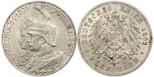 5 Mark 普魯士王國 (1701 - 1918) 銀 威廉二世 (德国)