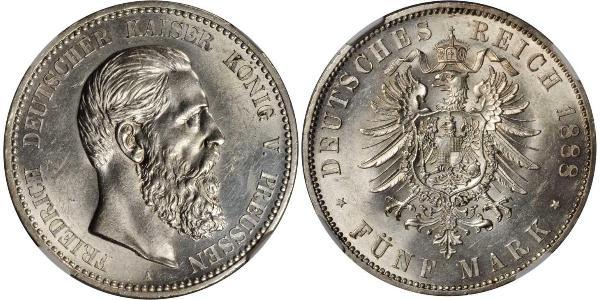 5 Mark 普魯士王國 (1701 - 1918) 銀 腓特烈三世 (德国)