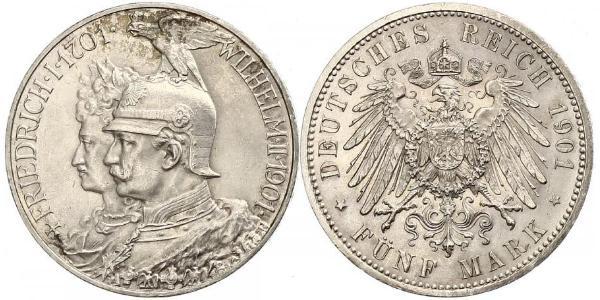 5 Mark 普魯士王國 (1701 - 1918) 銀 威廉二世 (德国)
