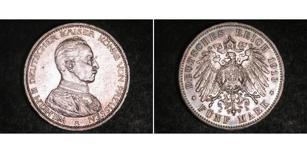 5 Mark 普魯士王國 (1701 - 1918) 銀 威廉二世 (德国)