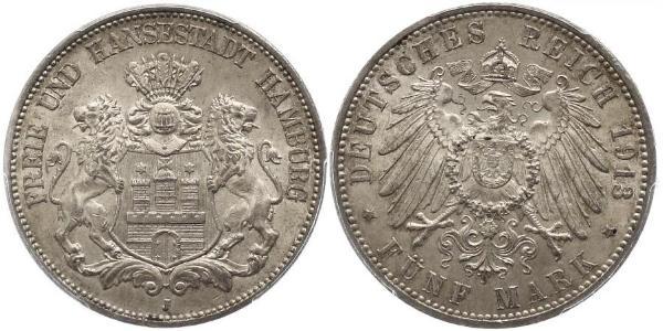 5 Mark 德意志帝國 (1871 - 1918) / 汉堡 銀 