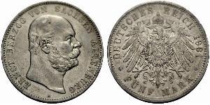 5 Mark 萨克森-阿尔滕堡  (1826 - 1920) 銀 Ernst I, Duke of Saxe-Altenburg (1826 - 1908)