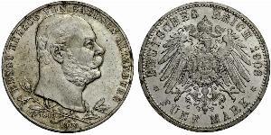 5 Mark 萨克森-阿尔滕堡  (1826 - 1920) 銀 Ernst I, Duke of Saxe-Altenburg (1826 - 1908)