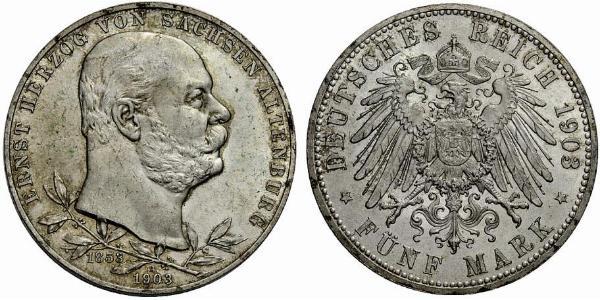5 Mark 萨克森-阿尔滕堡  (1826 - 1920) 銀 Ernst I, Duke of Saxe-Altenburg (1826 - 1908)