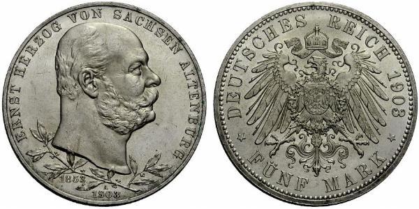 5 Mark 萨克森-阿尔滕堡  (1826 - 1920) 銀 Ernst I, Duke of Saxe-Altenburg (1826 - 1908)