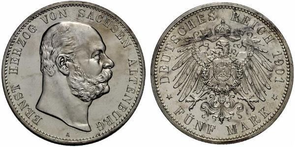 5 Mark 萨克森-阿尔滕堡  (1826 - 1920) 銀 Ernst I, Duke of Saxe-Altenburg (1826 - 1908)