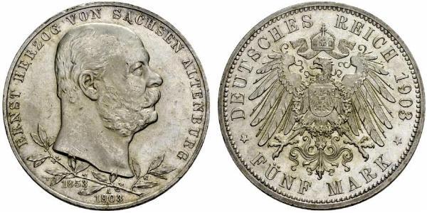 5 Mark 萨克森-阿尔滕堡  (1826 - 1920) 銀 Ernst I, Duke of Saxe-Altenburg (1826 - 1908)