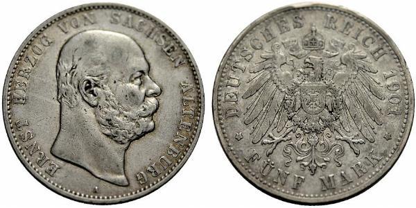 5 Mark 萨克森-阿尔滕堡  (1826 - 1920) 銀 Ernst I, Duke of Saxe-Altenburg (1826 - 1908)