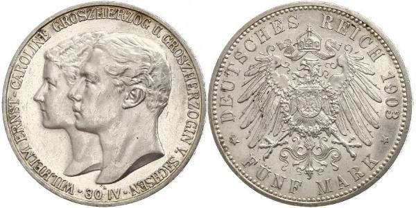5 Mark 萨克森-魏玛-艾森纳赫 (1809 - 1918) 銀 威廉·恩斯特 (萨克森-魏玛-艾森纳赫)