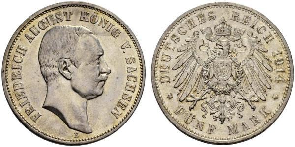 5 Mark 萨克森王国 (1806 - 1918) 銀 弗里德里希·奥古斯特三世 (萨克森国王)