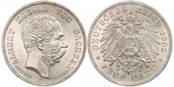 5 Mark 萨克森王国 (1806 - 1918) 銀 阿尔贝特 (萨克森)