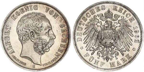 5 Mark 萨克森王国 (1806 - 1918) 銀 阿尔贝特 (萨克森)