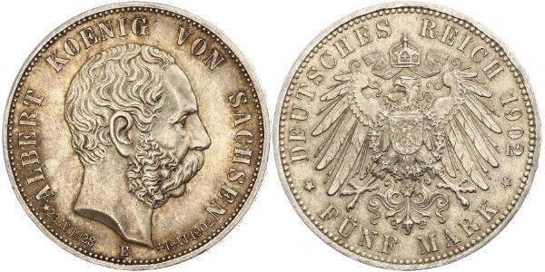 5 Mark 萨克森王国 (1806 - 1918) 銀 阿尔贝特 (萨克森)