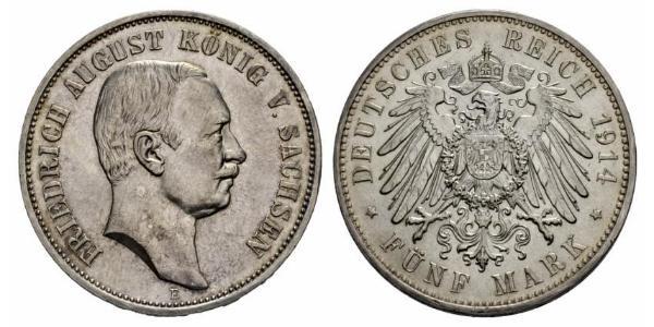 5 Mark 萨克森王国 (1806 - 1918) 銀 弗里德里希·奥古斯特三世 (萨克森国王)