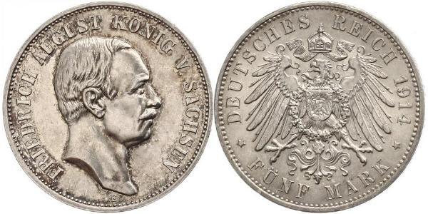 5 Mark 萨克森王国 (1806 - 1918) 銀 弗里德里希·奥古斯特三世 (萨克森国王)