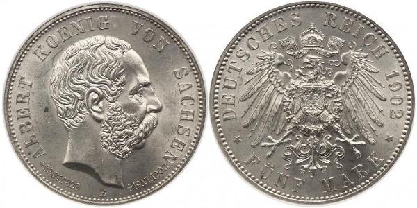 5 Mark 萨克森王国 (1806 - 1918) 銀 阿尔贝特 (萨克森)