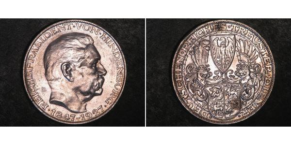 5 Mark 魏瑪共和國 (1919 - 1933) 銀 保罗·冯·兴登堡 (1847 - 1934)