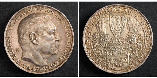5 Mark 魏瑪共和國 (1919 - 1933) 銀 保罗·冯·兴登堡 (1847 - 1934)